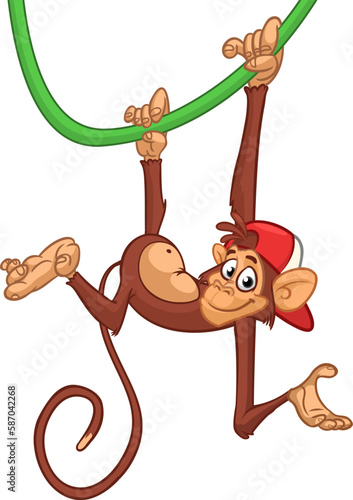 Cartoon monkey chimpanzee handing upside down on the tree branch or liana. Vector illustration of happy monkey character