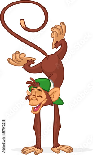 Cartoon funny monkey chimpanzee doing handstand and balancing. Vector illustration of happy monkey performing acrobatic circus trick character design isolated
