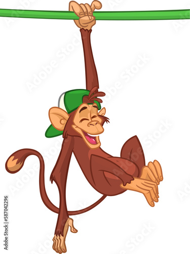 Cute baby monkey hanging on tree branch, swinging and waving with paw. Colored flat vector illustration of smiling and playing animal character isolated on white background