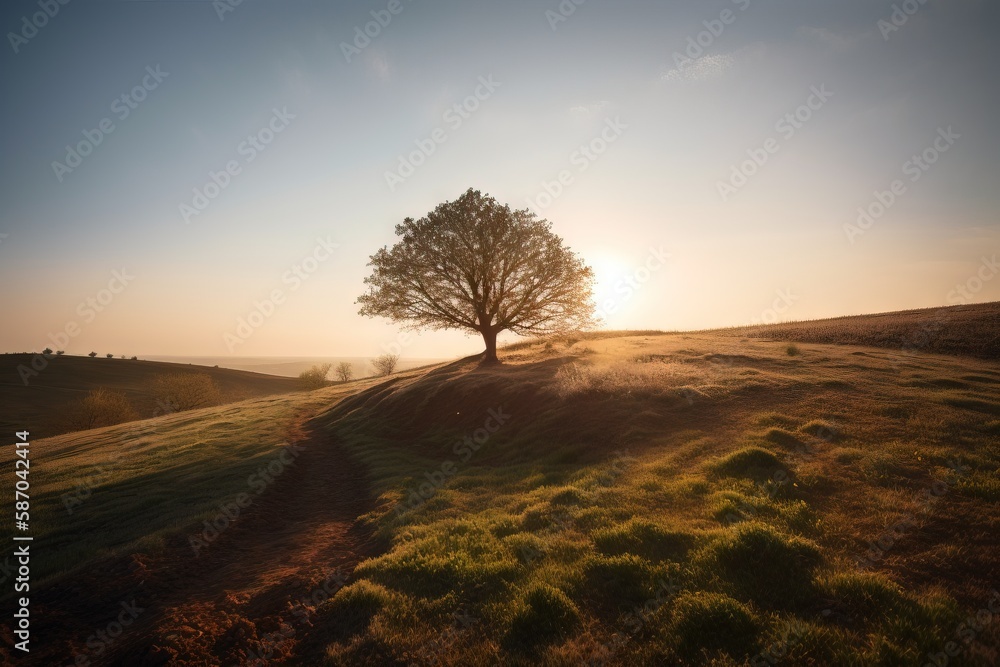  a lone tree on a grassy hill at sunset with the sun shining behind the tree and the grass in the foreground, with a path leading uphill to the tree.  generative ai