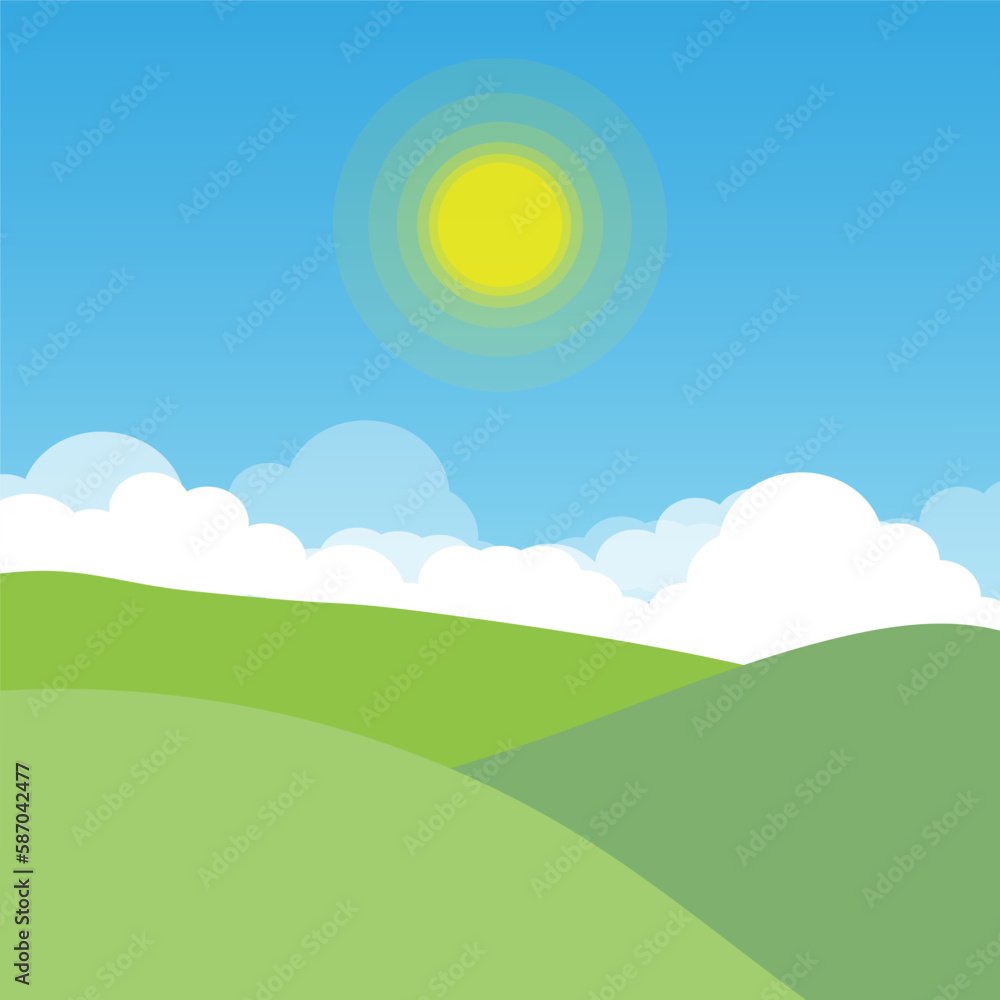 blue sun sky meadow. Beautiful natural landscape. Vector illustration.