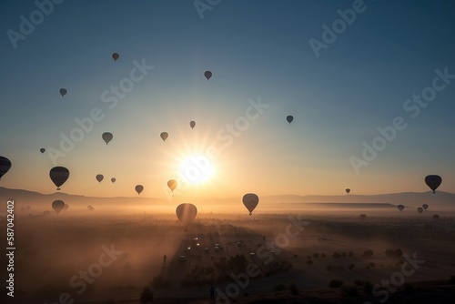  a group of hot air balloons flying in the sky over a field at sunrise or sunrise with the sun rising over the horizon and the horizon. generative ai