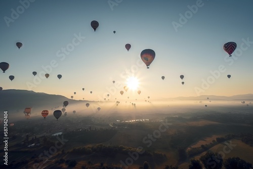  a group of hot air balloons flying in the sky over a valley at sunrise or sunrise with the sun shining through the clouds and the valley below.  generative ai