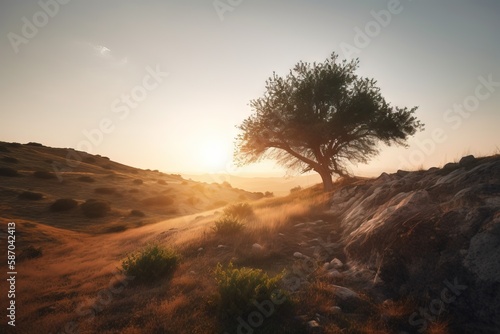  a lone tree in the middle of a desert at sunset or sunrise or sunset in the distance, with the sun peeking through the horizon. generative ai