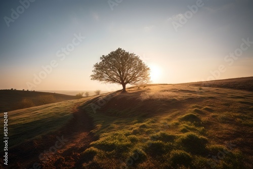  a lone tree on a grassy hill at sunset with the sun shining behind the tree and the grass in the foreground, with a path leading uphill to the tree. generative ai