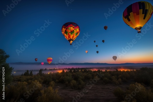  a group of hot air balloons flying in the sky over a forest at night with fog in the air and trees in the foreground. generative ai