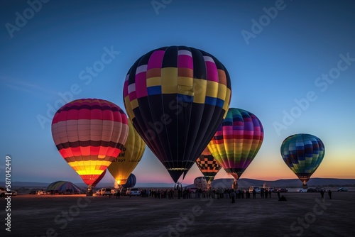  a group of hot air balloons flying in the sky over a field at sunset with people standing in the foreground and a group of people standing in the distance.  generative ai © Shanti