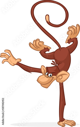 Cartoon funny monkey chimpanzee balancing on one hand or doind flip acrobatic handstand. Vector illustration of happy monkey character design isolated