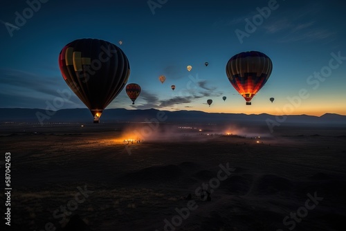  a group of hot air balloons flying in the sky over a desert area at night with a few people standing in the foreground watching them.  generative ai