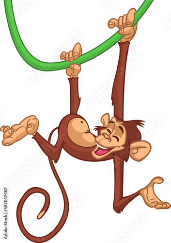 Cute baby monkey hanging on tree branch, swinging and waving with paw. Colored flat vector illustration of smiling and playing animal character isolated on white background