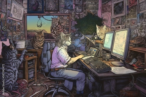  a woman sitting at a desk with a computer and a cat sitting next to her on a chair in front of a wall with pictures on it. generative ai