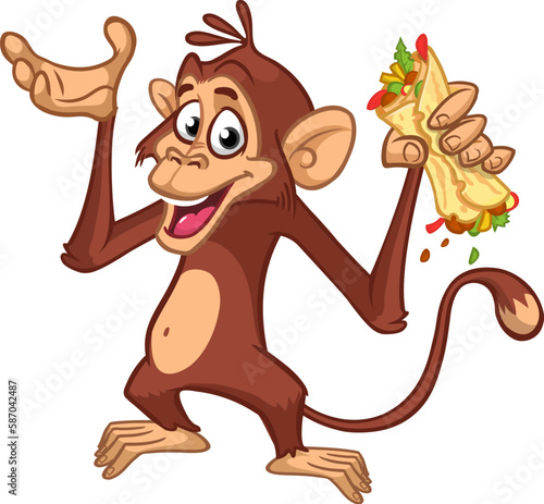 Cartoon funny monkey chimpanzee holding falafel or kebeb in its hands. Vector illustration of happy monkey character design isolated