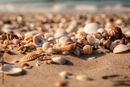 seashells scattered on a sandy beach. Generative AI