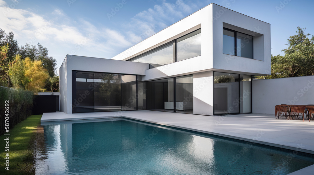 Fototapeta premium Modern house with swimming pool, exterior view. Generative ai and digital editing.