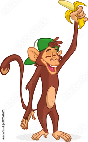 Cartoon funny monkey holds banana in his hand. Vector illustration of happy monkey character design isolated