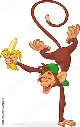 Cartoon funny monkey chimpanzee standing on one hand with banana in its hands. Vector illustration of happy monkey character design isolated