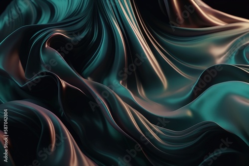  an abstract image of a wavy fabric in teal and brown colors, with a black back ground and a black back ground with a black background. generative ai