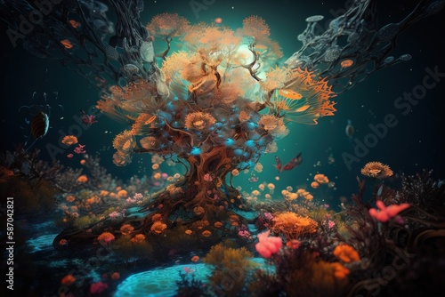  a painting of a tree surrounded by underwater plants and fish in a dark blue ocean with a blue sky and blue light shining on the ground. generative ai