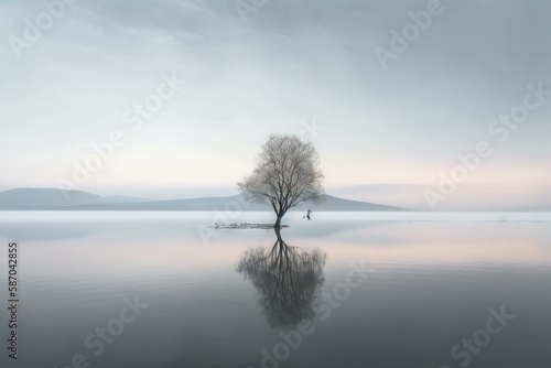  a lone tree in the middle of a lake on a foggy day with mountains in the distance and a person standing in the distance. generative ai