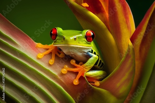 Fotografia, Obraz Red-eyed tree frogs sitting on a heliconia, generative ai