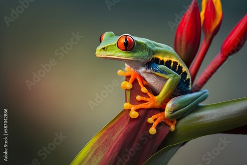 Red-eyed tree frogs sitting on a heliconia, generative ai