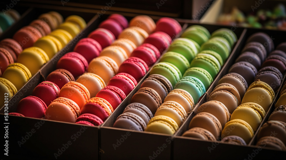 traditional french colorful macarons in a rows in a box. Generative Ai traditional french colorful macarons in a rows in a box. Generative Ai