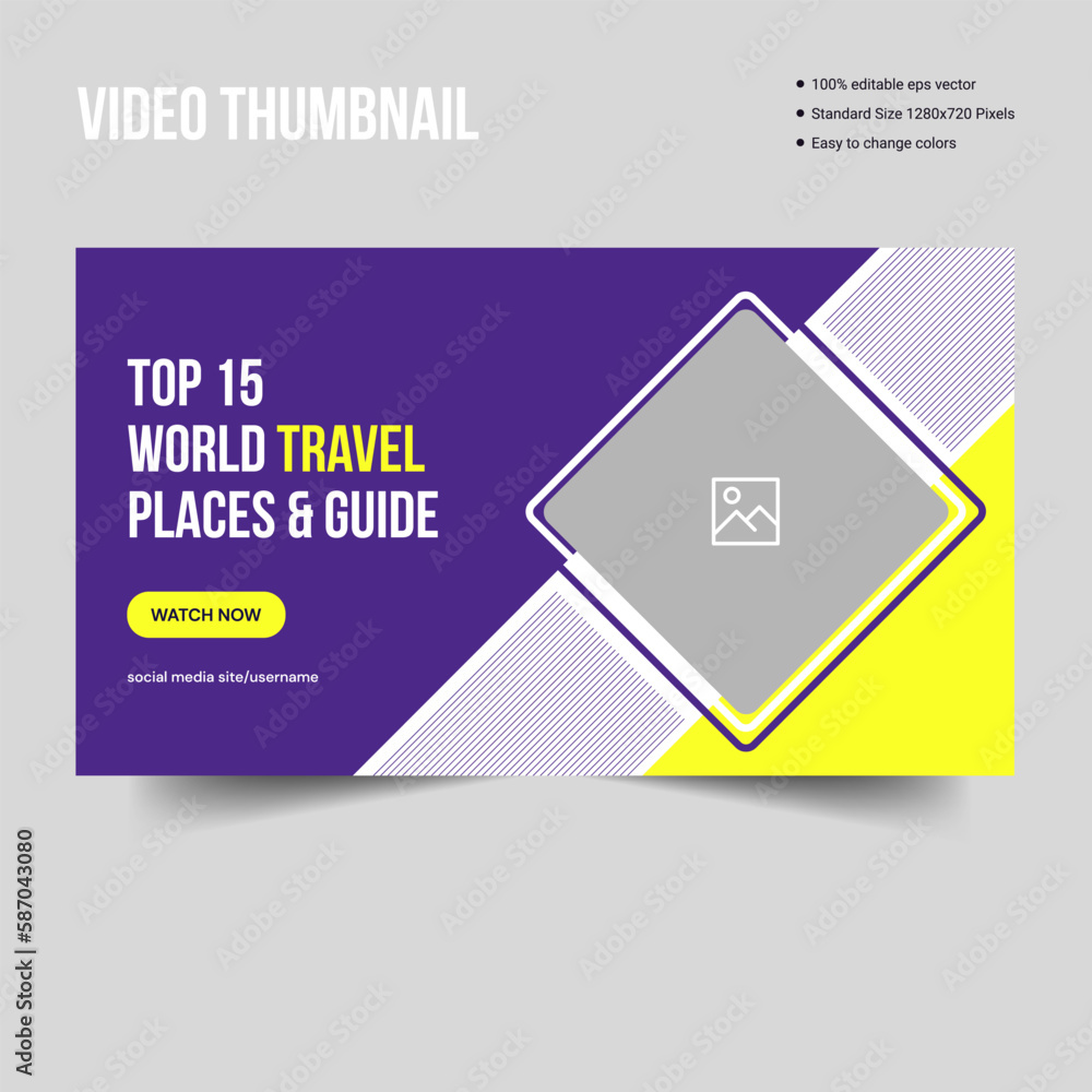 Creative travel vlogger video thumbnail banner template design, editable vector eps 10 file format