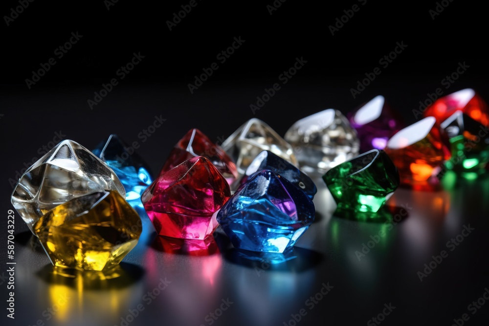 a row of different colored diamonds on a black surface with a reflection of the light on the side of the diamond in the middle of the row. generative ai a row of different colored diamonds on a black surface with a reflection of the light on the side of the diamond in the middle of the row. generative ai