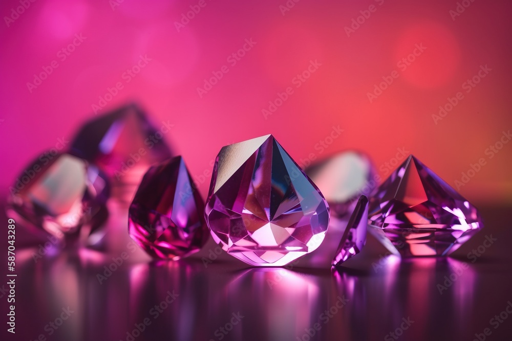 a group of pink diamonds sitting on top of a table next to a pink background and a pink wall behind them with a pink light. generative ai a group of pink diamonds sitting on top of a table next to a pink background and a pink wall behind them with a pink light. generative ai