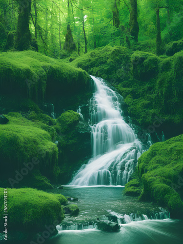 Natural waterfall with rocks and green moss Generative AI Art