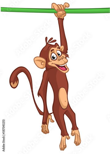Cartoon monkey chimpanzee handing upside down on the tree branch or liana. Vector illustration of happy monkey character