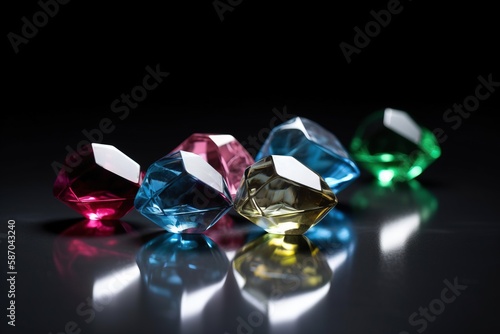  a group of different colored diamonds on a black surface with a reflection on the ground and a black background with a reflection on the floor.  generative ai