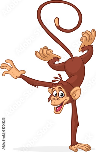Cartoon funny monkey chimpanzee balancing on one hand or doind flip acrobatic handstand. Vector illustration of happy monkey character design isolated
