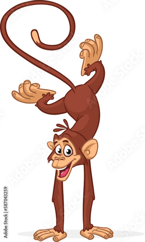 Cartoon funny monkey chimpanzee doing handstand and balancing. Vector illustration of happy monkey performing acrobatic circus trick character design isolated