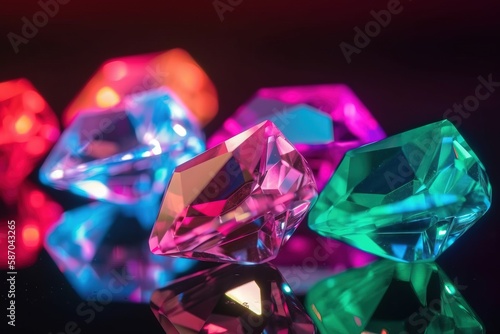  a group of different colored diamonds on a black surface with a reflection of the diamond in the middle of the picture and the diamond in the middle of the picture.  generative ai © Shanti