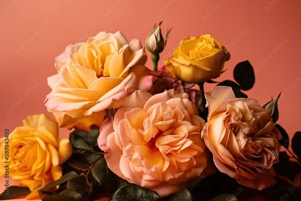  a bunch of yellow and pink roses on a pink background with green leaves and stems in the center of the picture, with a pink wall in the background.  generative ai