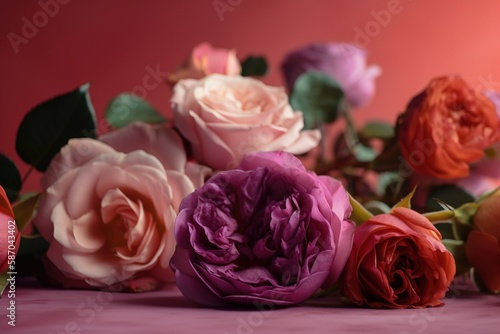  a bunch of flowers that are sitting on a table together on a pink surface with a pink background behind them and a pink wall behind them.  generative ai