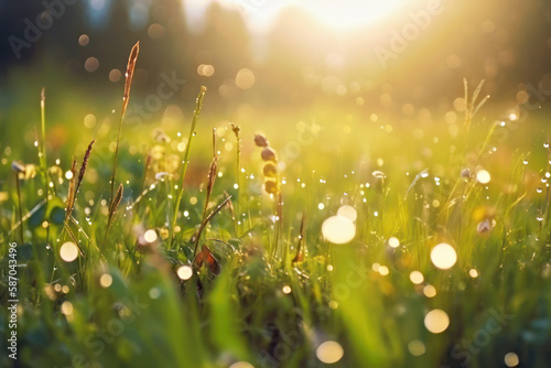 Wet grass in a meadow glistening in the morning dew, Generative AI