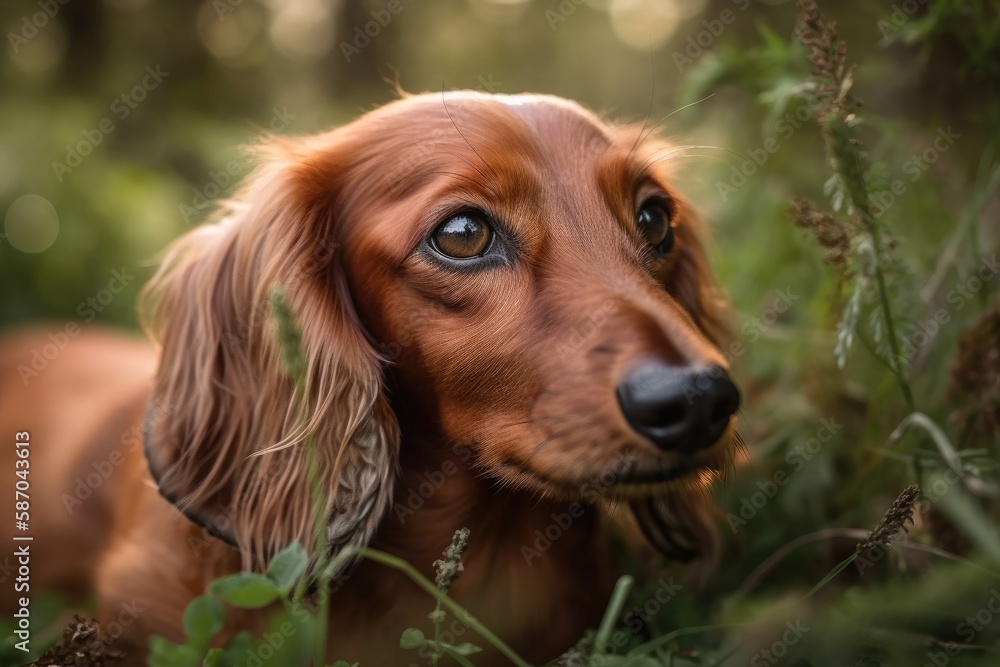 In the Grass Portrait of a Red Long Haired Dachshund. Generative AI