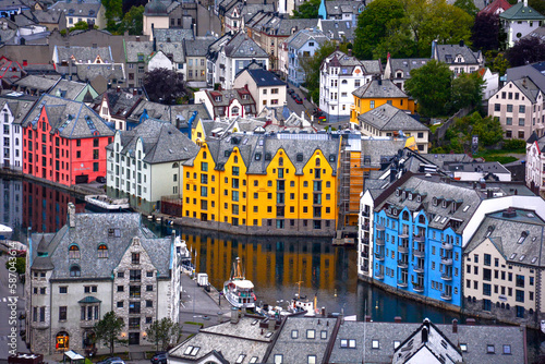 Fotografi Ålesund skyline, Alesund in Norway - panorama of the city from Aksla mountain