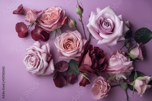  a bunch of pink and red flowers on a purple background with leaves and stems on the side of the flowers  with one of the petals still attached to the petals.  generative ai