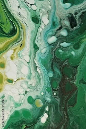 Abstract background. Liquid paint, fluid art style. White and green colors. Vertical background. AI generative.