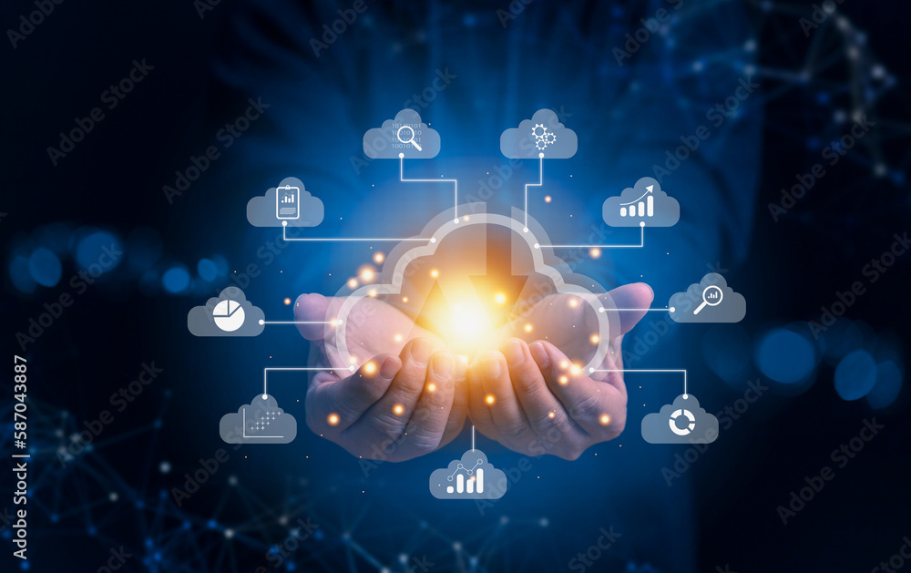Big data analytics and business intelligence (BI) concept with chart and graph icons on a digital screen interface and a businessman in background, evolution, technology, digital.