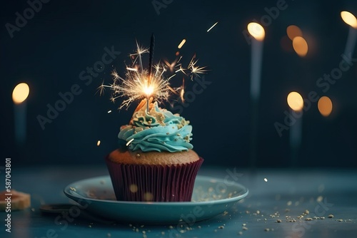  a cupcake with blue frosting and a sparkler on top of it on a plate with confetti sprinkles.  generative ai