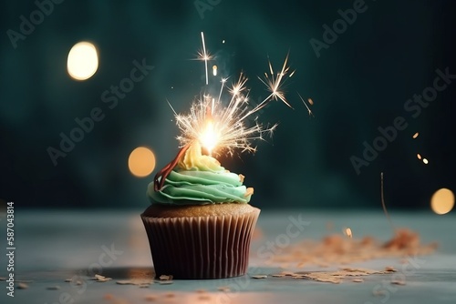  a cupcake with a green frosting and a sparkler on top of it, on a table with confetti and lights in the background.  generative ai