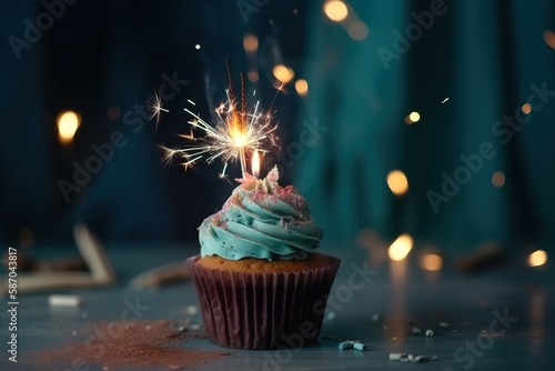  a cupcake with a sparkler sticking out of it's top on a table with some confetti on top of it. generative ai