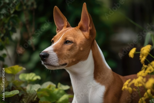 Basenji dog in summer garden. Generative AI