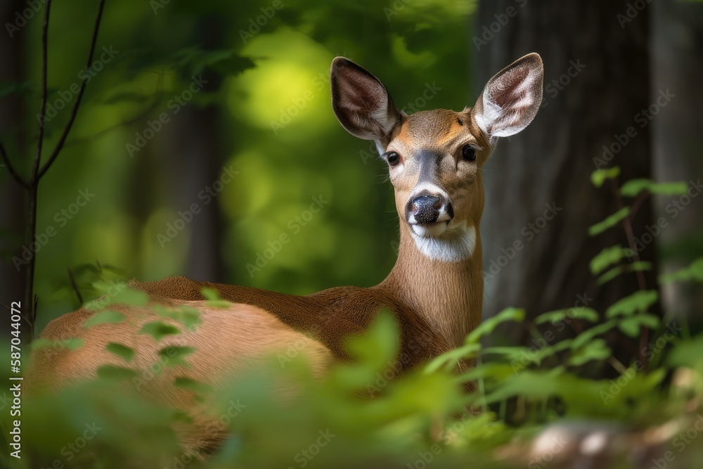 Summer doe of the white tailed deer (Odocoileus virginianus). Generative AI Summer doe of the white tailed deer (Odocoileus virginianus). Generative AI