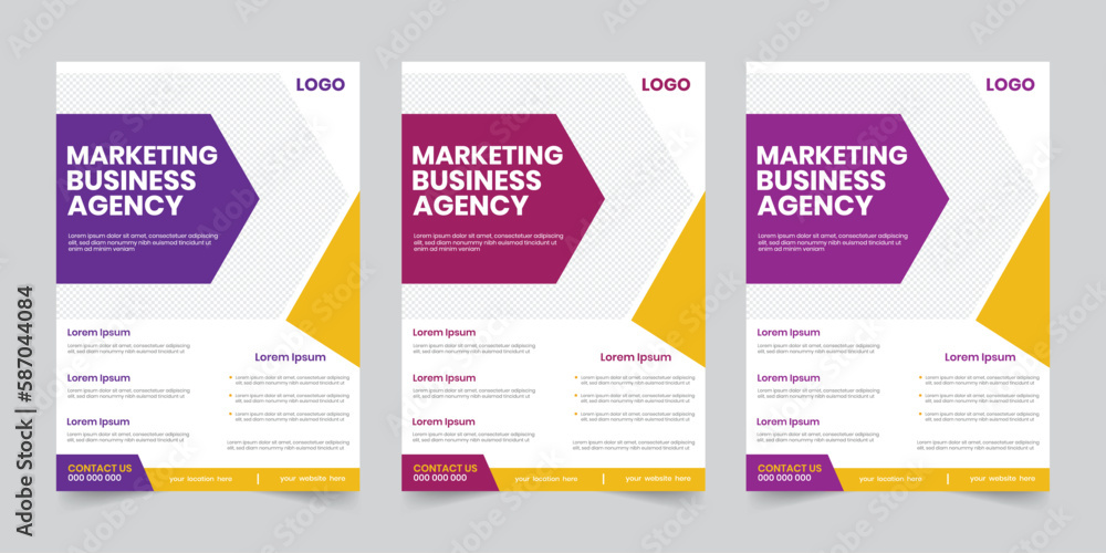  Marketing agency insert company one fold flyer with purple, yellow, and white color, Best cover publication poster collateral layout