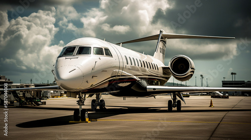 Business jet airplane parked at outside and waiting vip persons. Generative Ai © vectorizer88